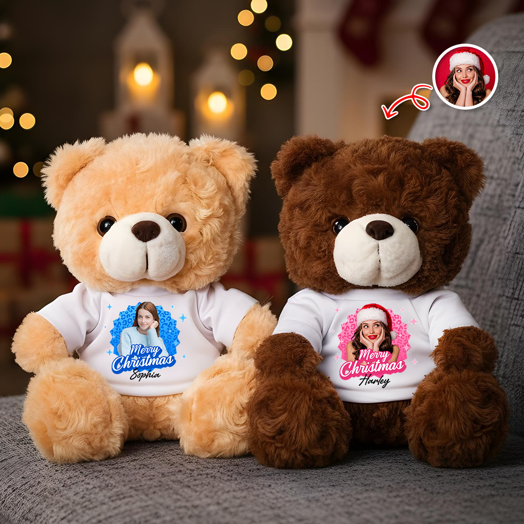 Personalized memorial teddy bear with "Merry Christmas" message, a custom sympathy gift.