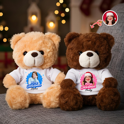 Personalized memorial teddy bear with "Merry Christmas" message, a custom sympathy gift.