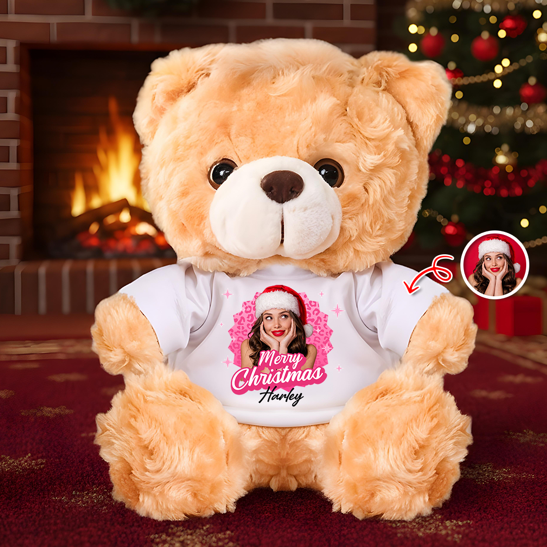 Personalized memorial teddy bear with "Merry Christmas" message, a custom sympathy gift.