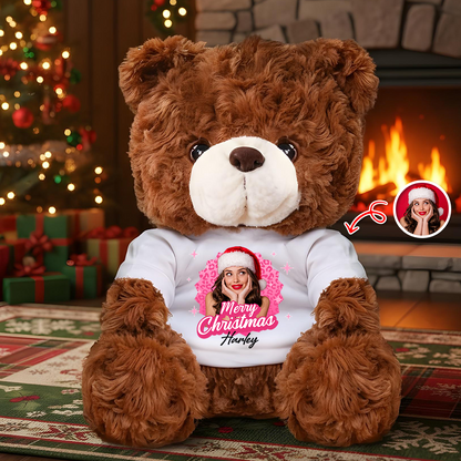 Personalized memorial teddy bear with "Merry Christmas" message, a custom sympathy gift.