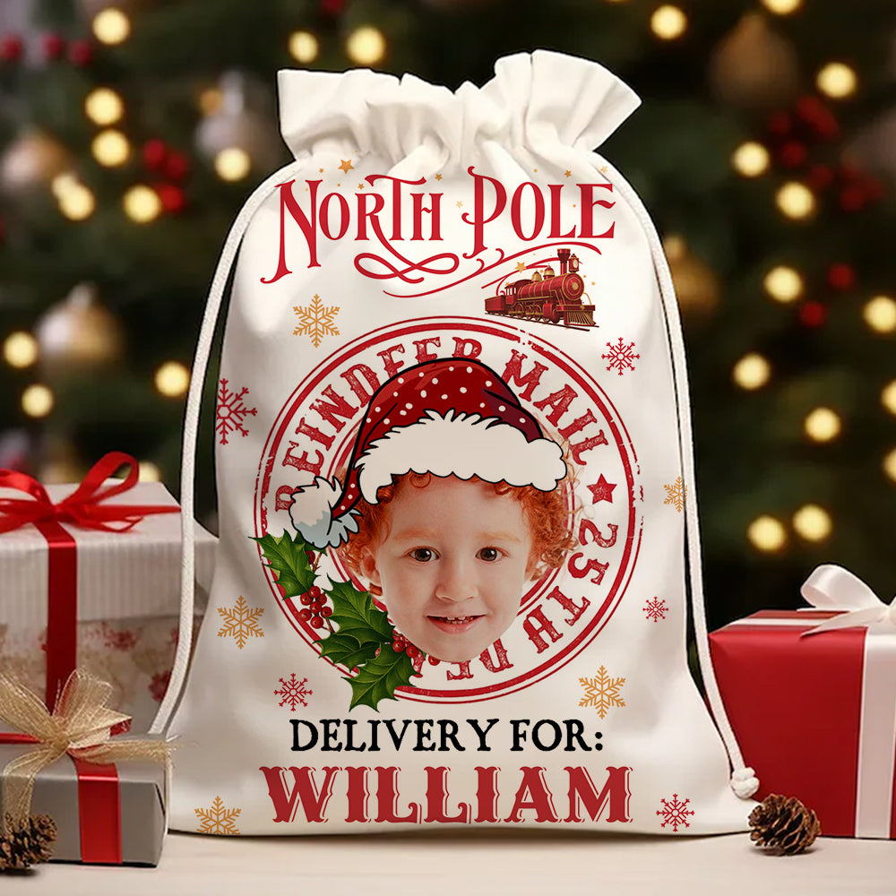 Merry Christmas North Pole Delivery Christmas Bag, personalized gift sack for family.