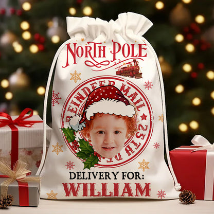 Merry Christmas North Pole Delivery Christmas Bag, personalized gift sack for family.