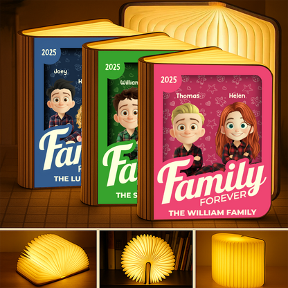 Personalized "Merry Christmas Our Family" Book Lamp - A unique, custom gift for the holidays.