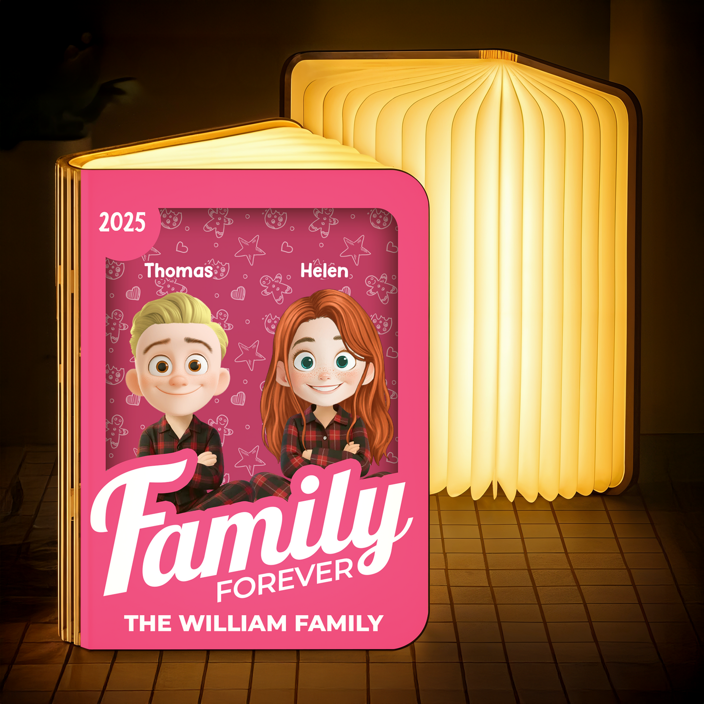 Personalized "Merry Christmas Our Family" Book Lamp - A unique, custom gift for the holidays.