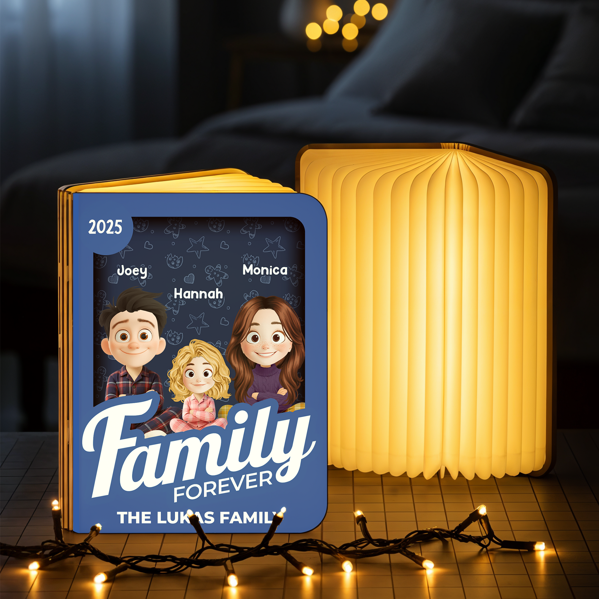 Personalized "Merry Christmas Our Family" Book Lamp - A unique, custom gift for the holidays.