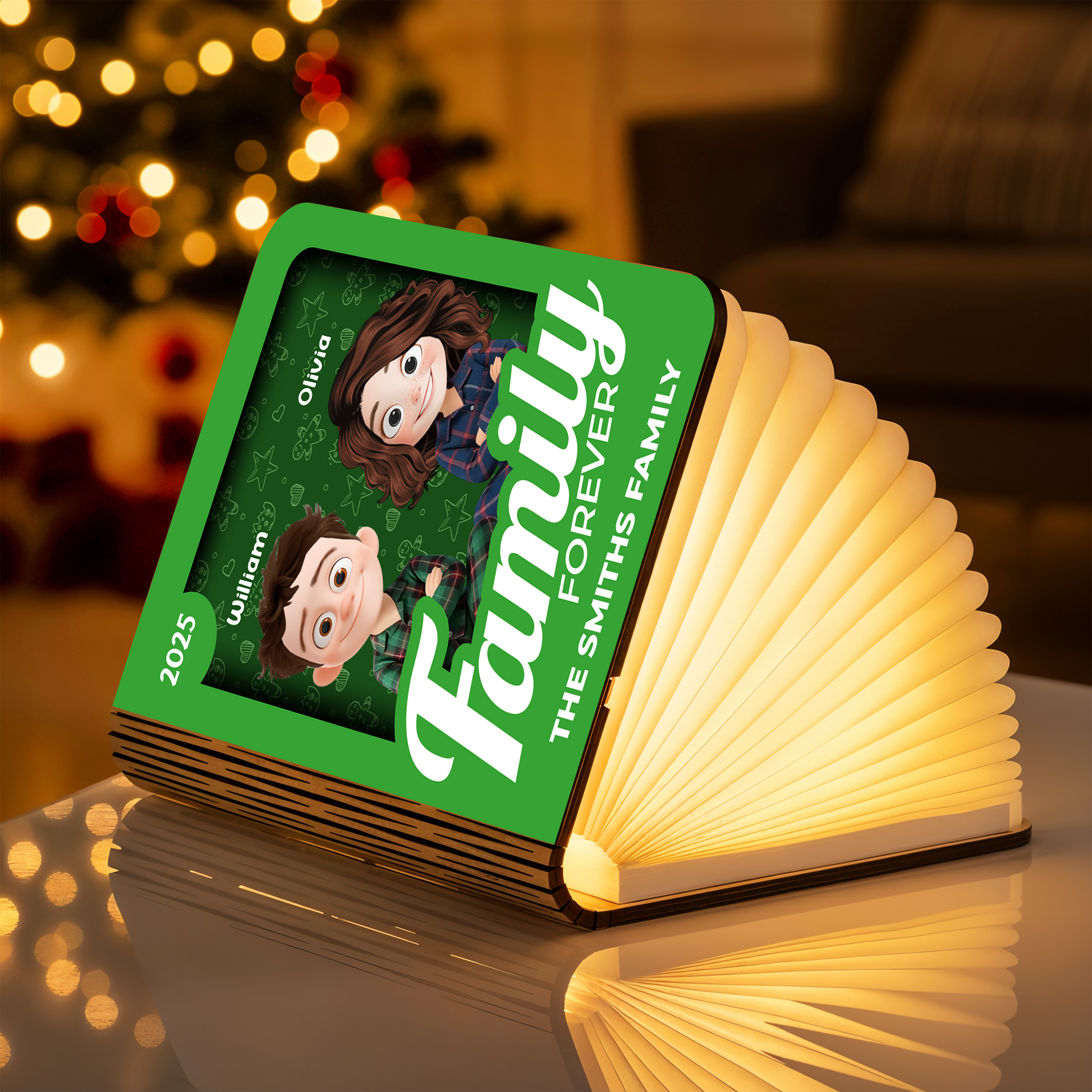 Personalized "Merry Christmas Our Family" Book Lamp - A unique, custom gift for the holidays.