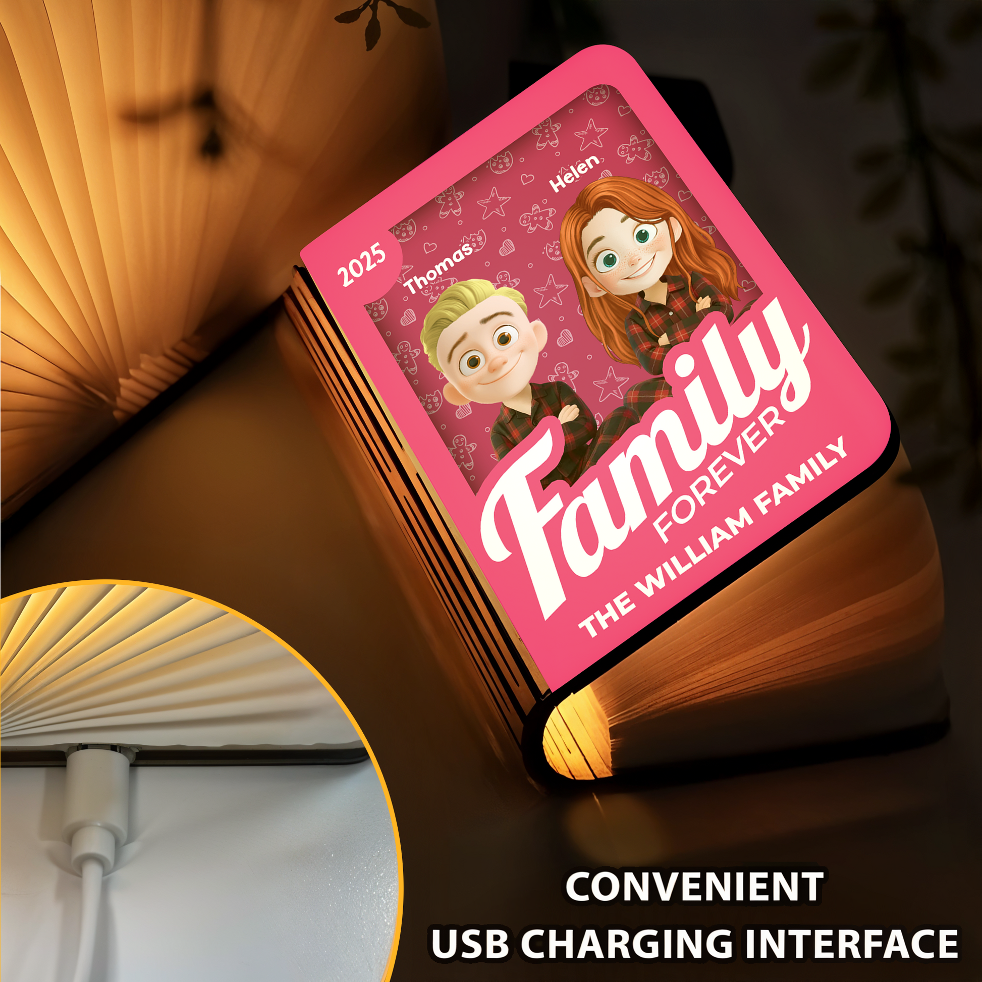 Personalized "Merry Christmas Our Family" Book Lamp - A unique, custom gift for the holidays.