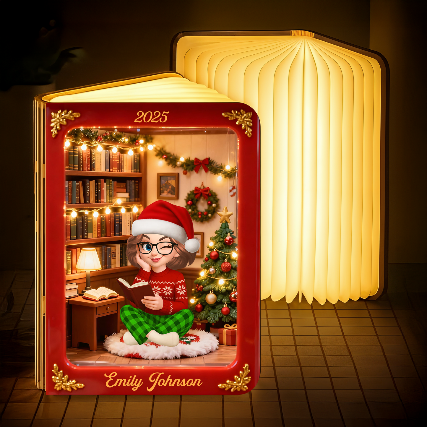 Merry Christmas Personalized Book Lamp - A unique, custom gift with festive holiday design and warm light.