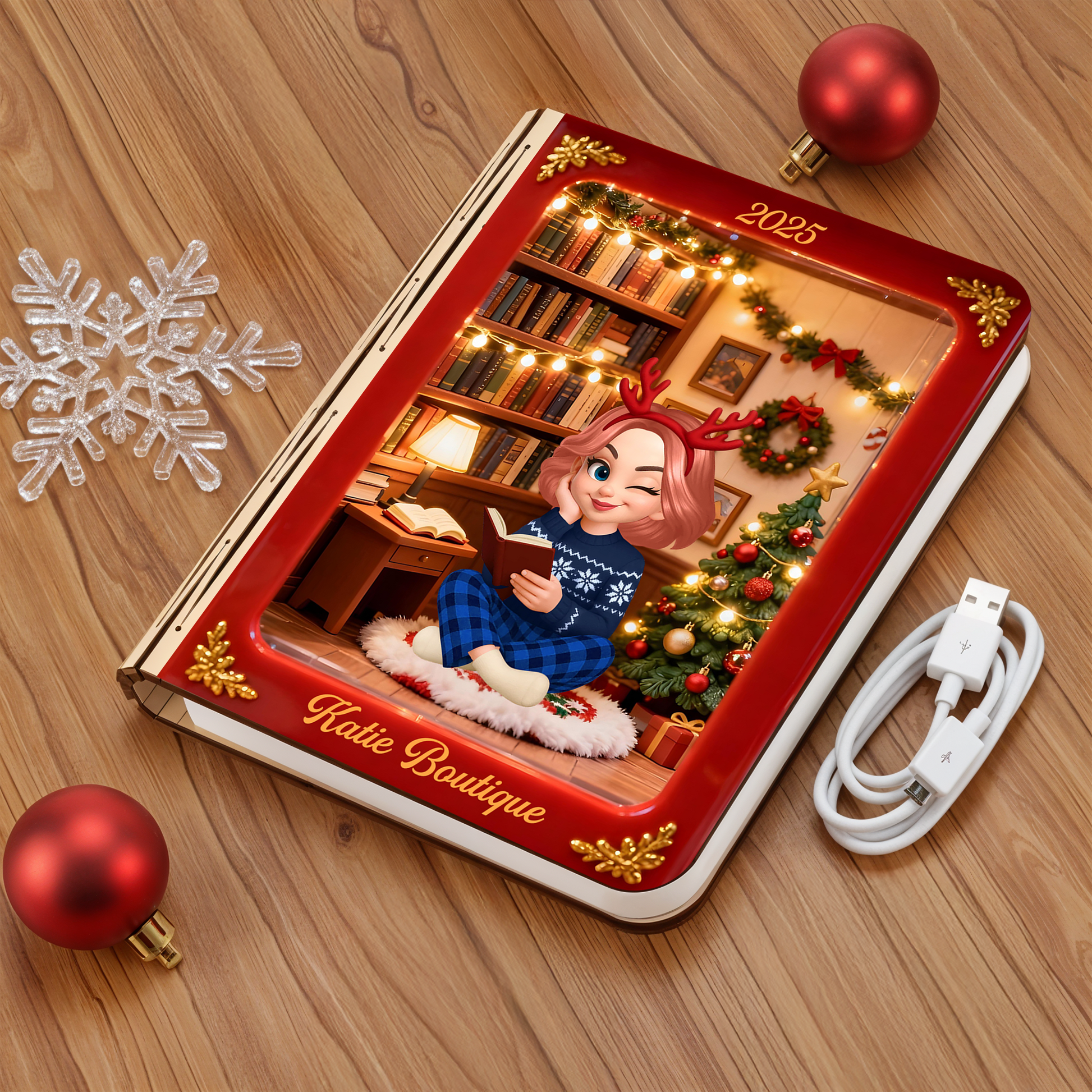 Merry Christmas Personalized Book Lamp - A unique, custom gift with festive holiday design and warm light.