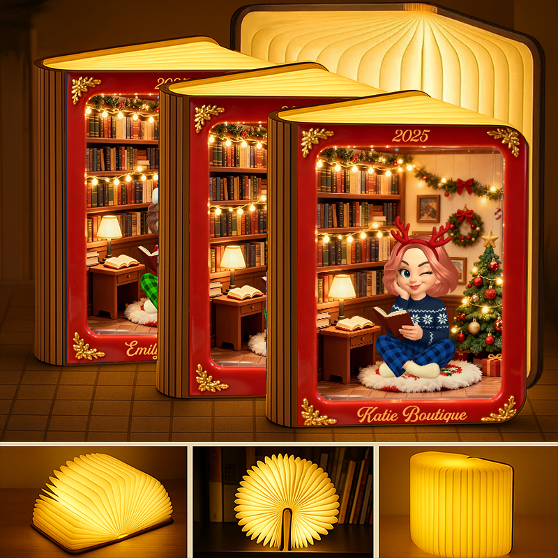 Merry Christmas Personalized Book Lamp - A unique, custom gift with festive holiday design and warm light.