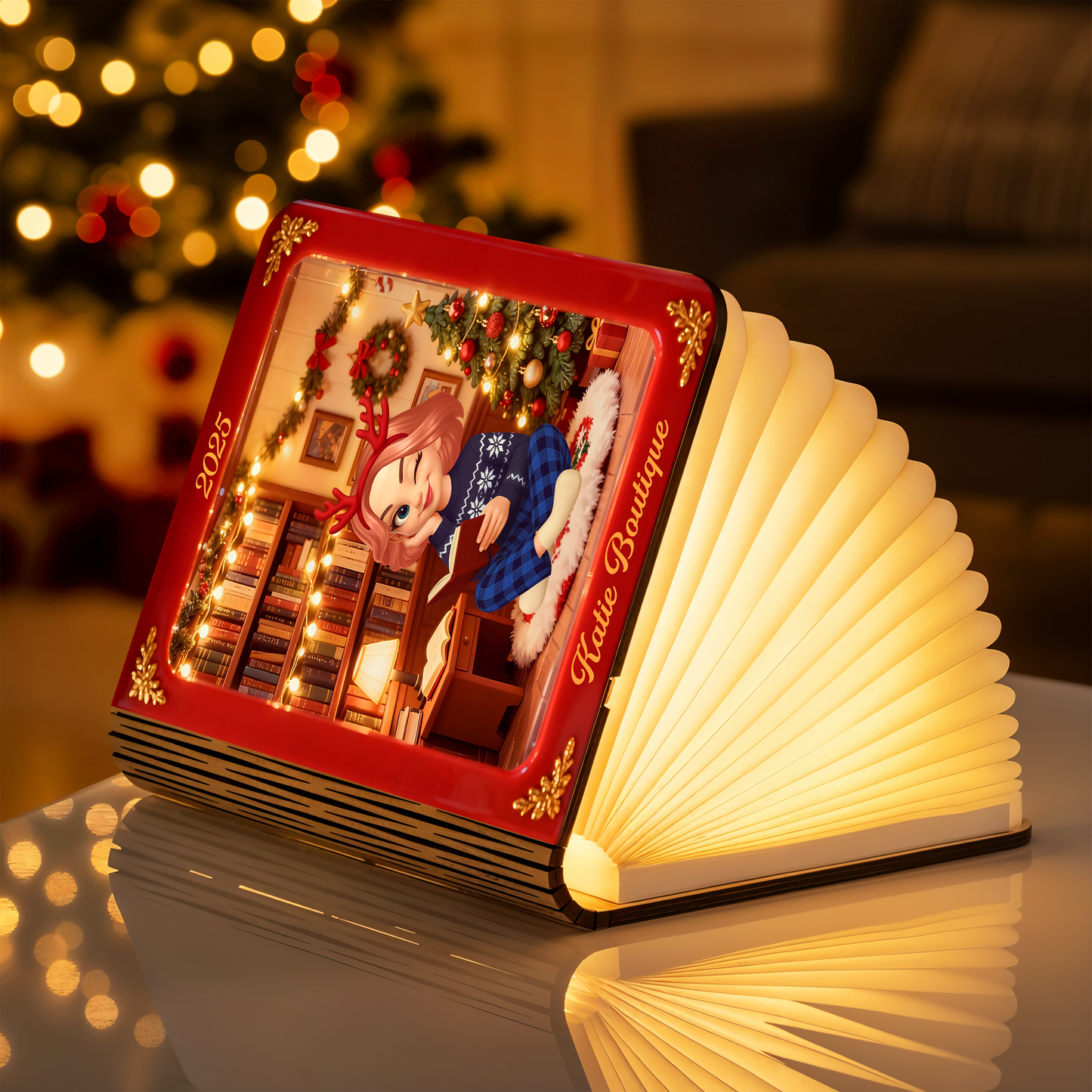 Merry Christmas Personalized Book Lamp - A unique, custom gift with festive holiday design and warm light.