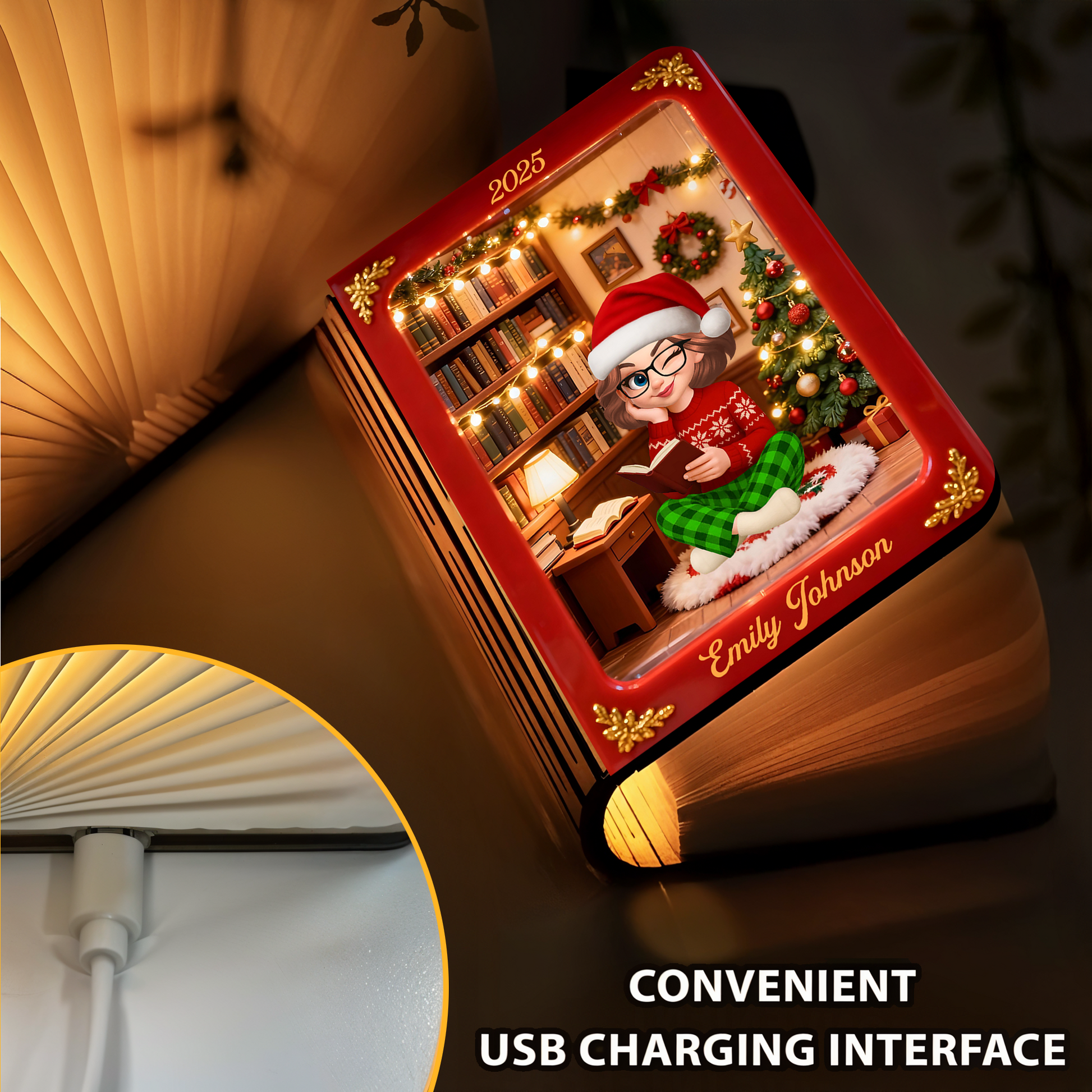 Merry Christmas Personalized Book Lamp - A unique, custom gift with festive holiday design and warm light.