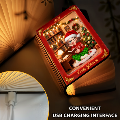 Merry Christmas Personalized Book Lamp - A unique, custom gift with festive holiday design and warm light.