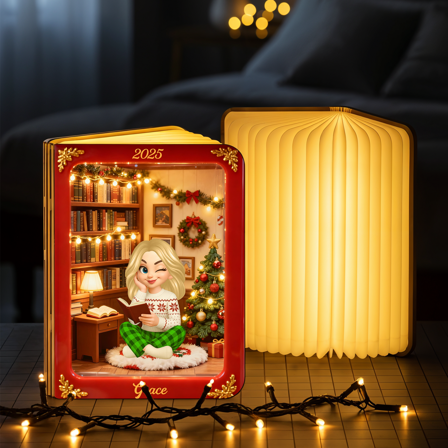 Merry Christmas Personalized Book Lamp - A unique, custom gift with festive holiday design and warm light.
