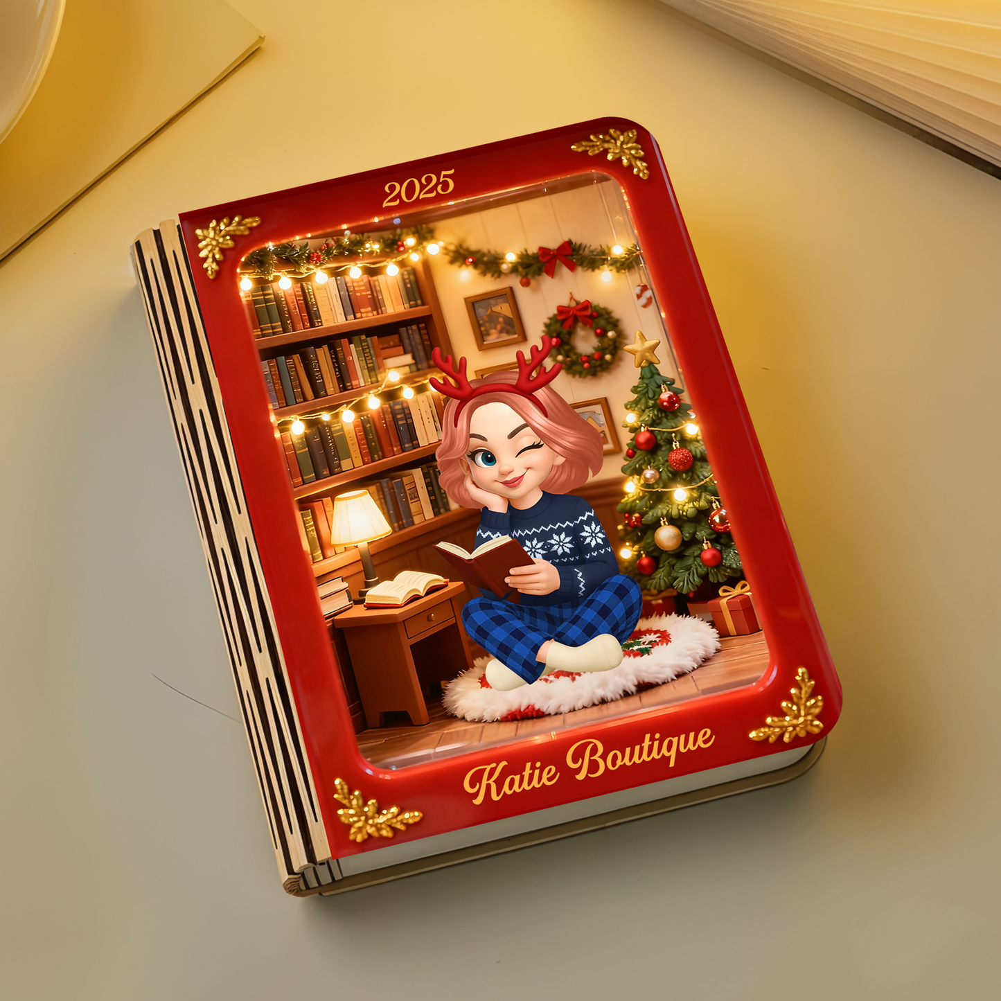 Merry Christmas Personalized Book Lamp - A unique, custom gift with festive holiday design and warm light.