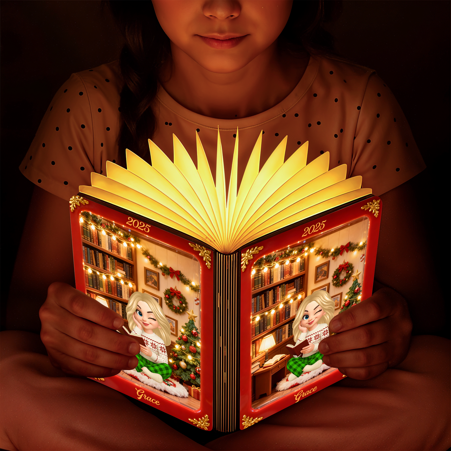 Merry Christmas Personalized Book Lamp - A unique, custom gift with festive holiday design and warm light.