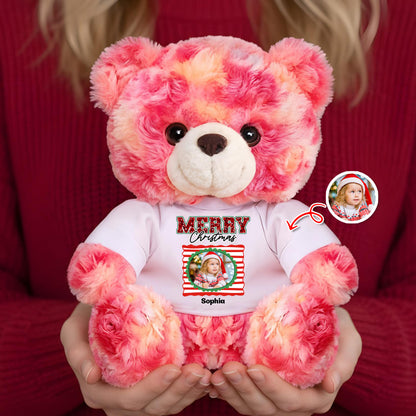 Merry Christmas Personalized Teddy Bear Plush - A custom stuffed animal with festive holiday design.