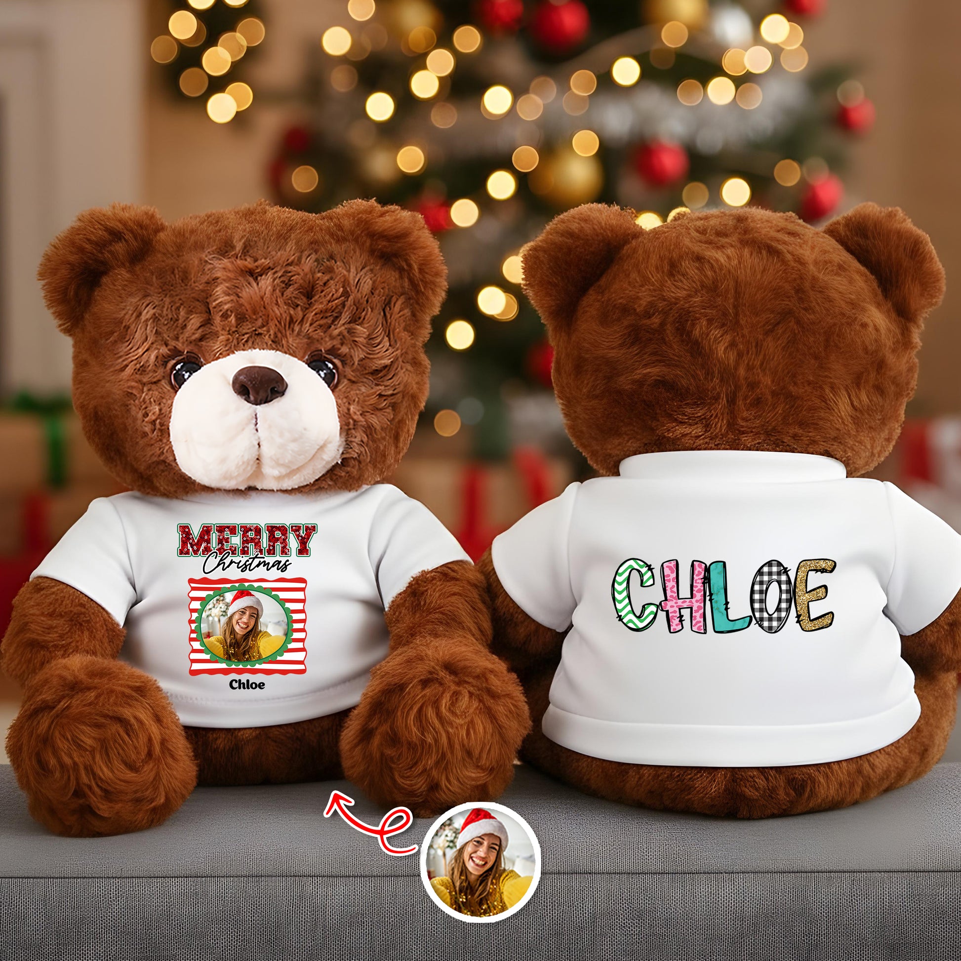 Merry Christmas Personalized Teddy Bear Plush - A custom stuffed animal with festive holiday design.