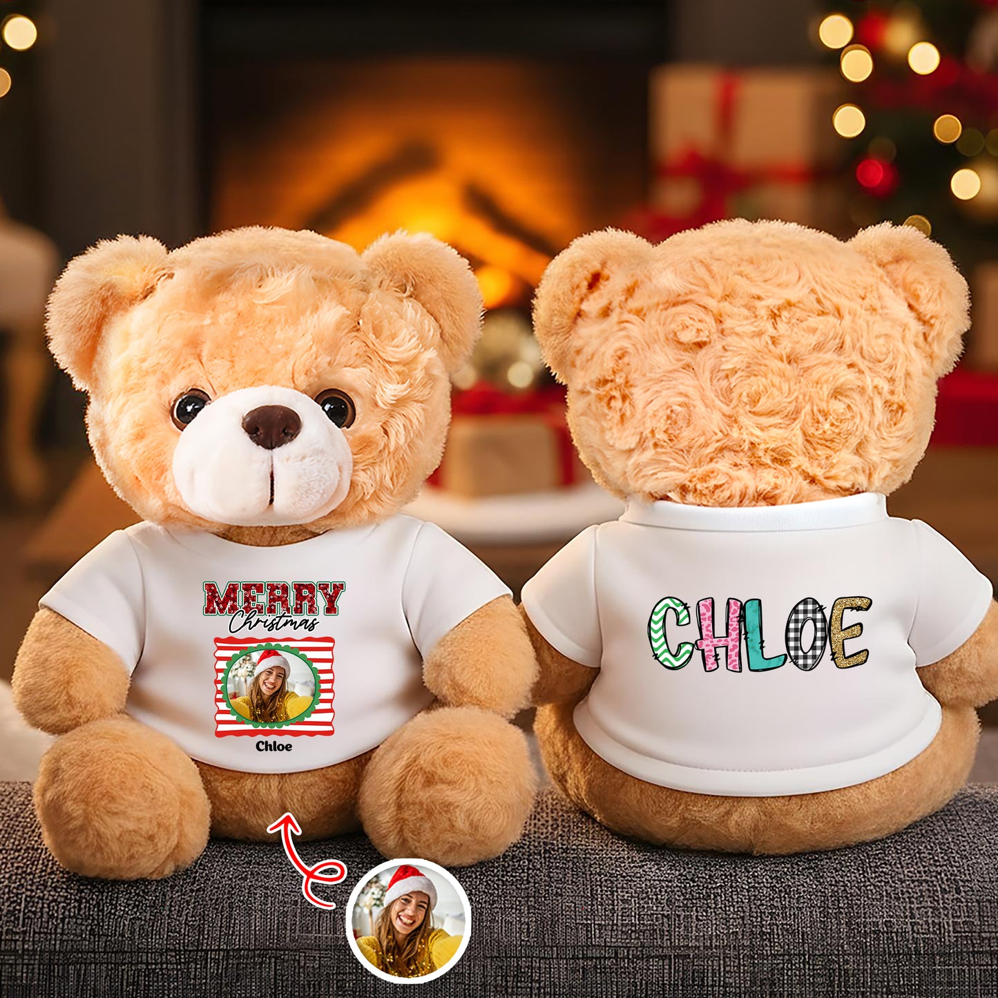 Merry Christmas Personalized Teddy Bear Plush - A custom stuffed animal with festive holiday design.