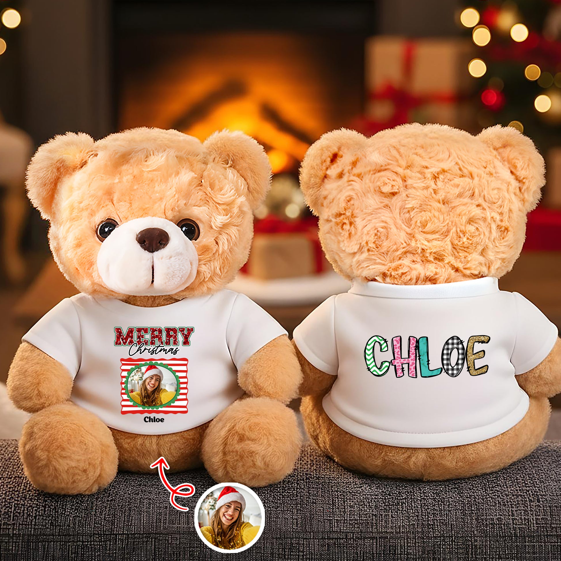 Merry Christmas Personalized Teddy Bear Plush - A custom stuffed animal with festive holiday design.