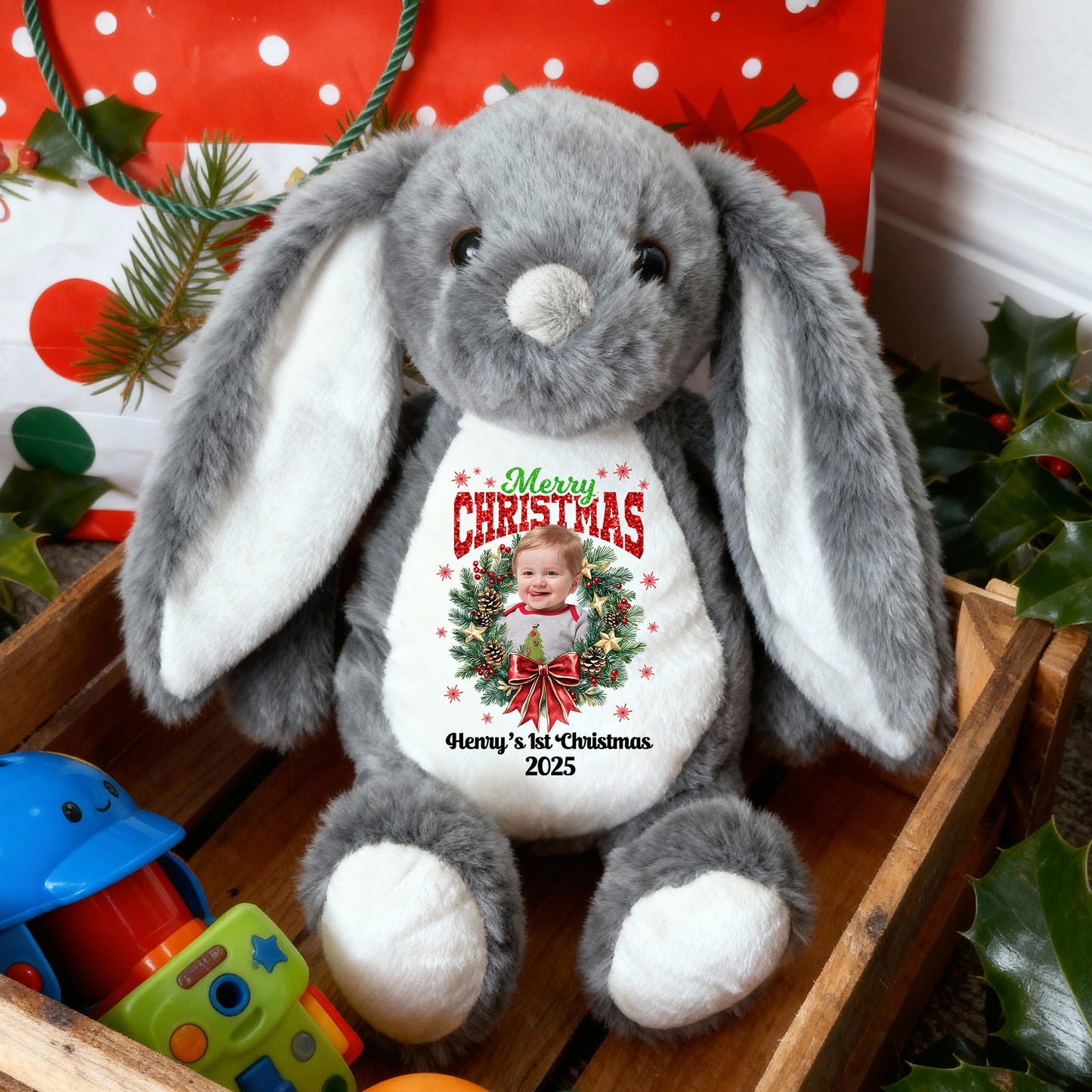 Merry Christmas Plush Stuffed Bunny Rabbit wearing a festive red Santa hat.