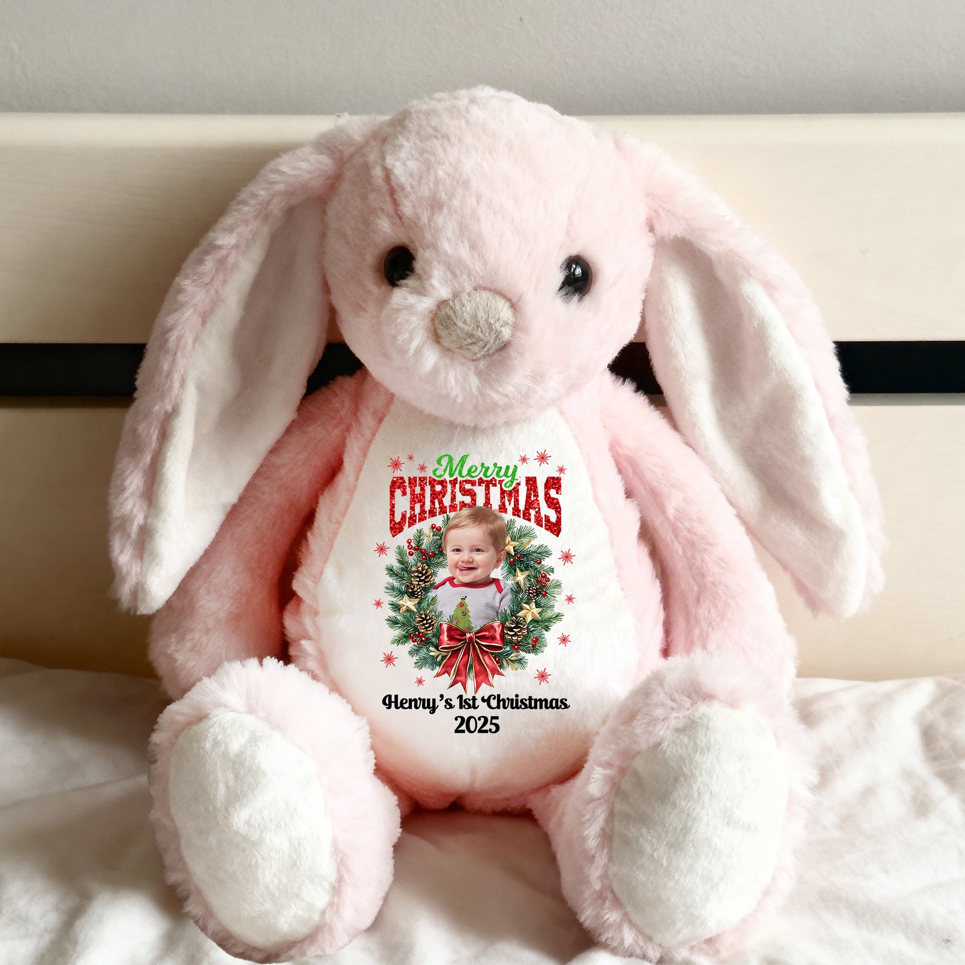 Merry Christmas Plush Stuffed Bunny Rabbit wearing a festive red Santa hat.