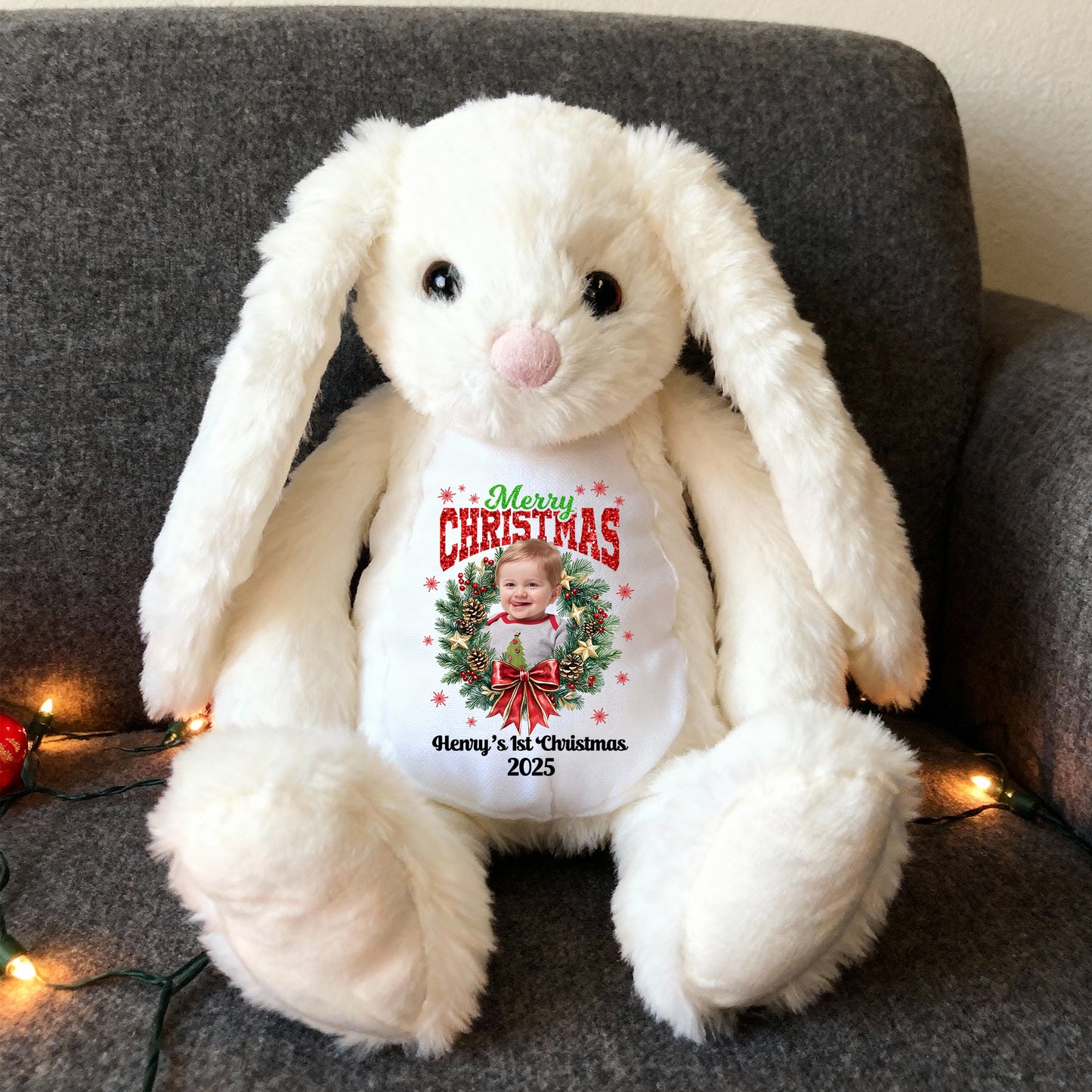 Merry Christmas Plush Stuffed Bunny Rabbit wearing a festive red Santa hat.