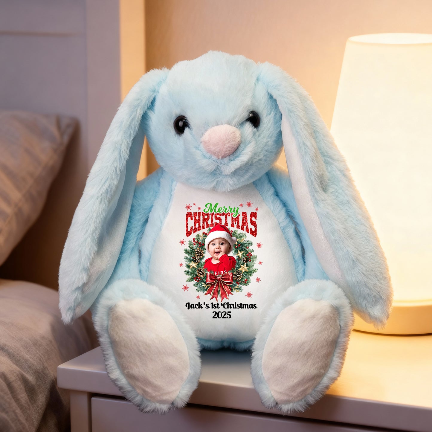 Merry Christmas Plush Stuffed Bunny Rabbit wearing a festive red Santa hat.