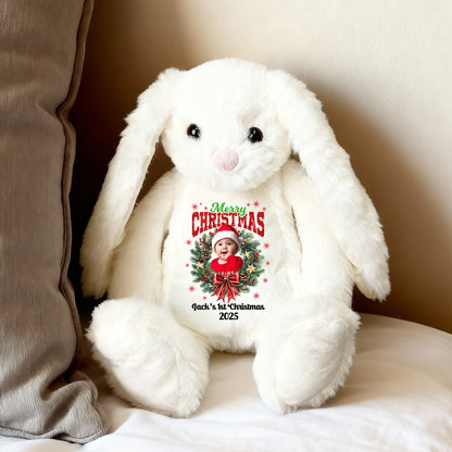 Merry Christmas Plush Stuffed Bunny Rabbit wearing a festive red Santa hat.