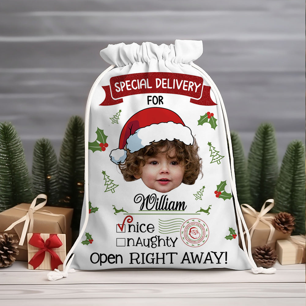 Personalized "Merry Christmas Special Delivery" Christmas sack, a unique gift bag for family.