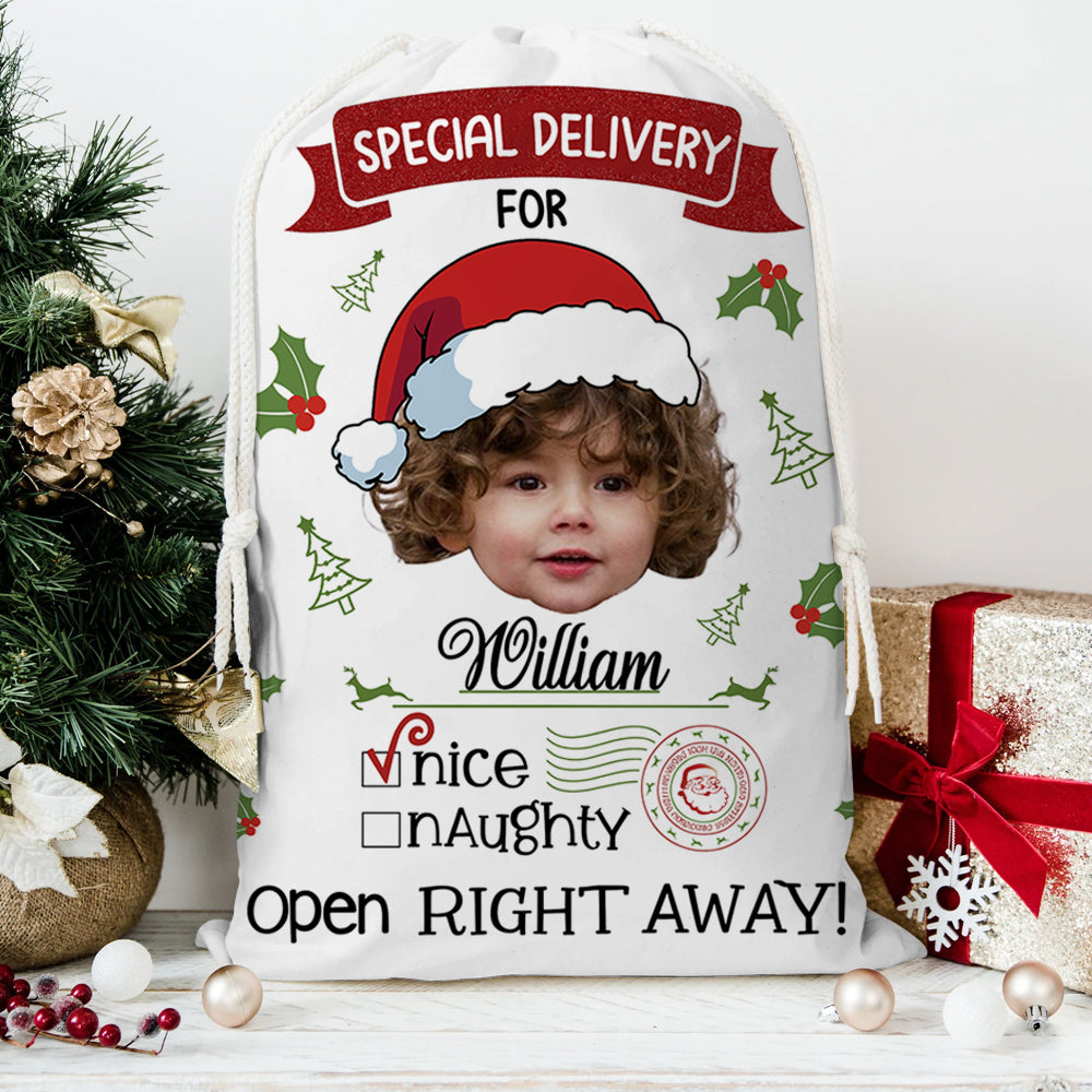 Personalized "Merry Christmas Special Delivery" Christmas sack, a unique gift bag for family.