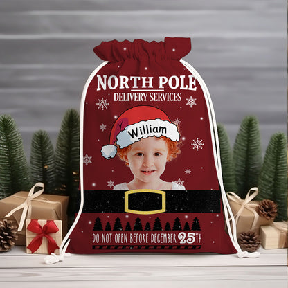 Red Christmas delivery bag with "Merry Christmas Special Delivery" text, a festive family gift sack.