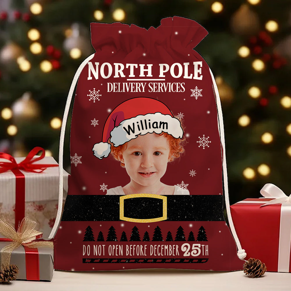 Red Christmas delivery bag with "Merry Christmas Special Delivery" text, a festive family gift sack.