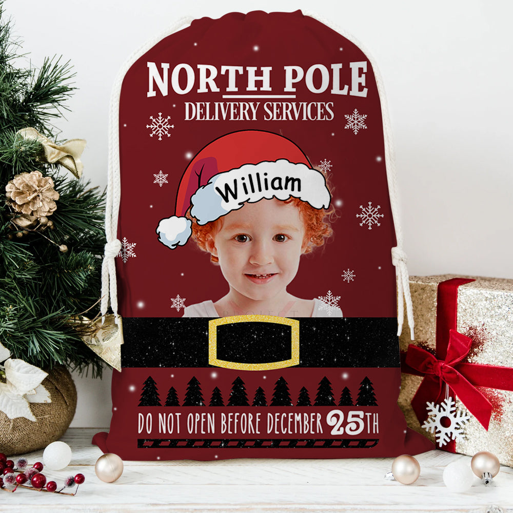 Red Christmas delivery bag with "Merry Christmas Special Delivery" text, a festive family gift sack.
