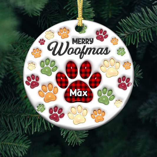 Personalized "Merry Woofmas" dog lover ornament with custom dog photo. A unique Christmas gift for dog owners.