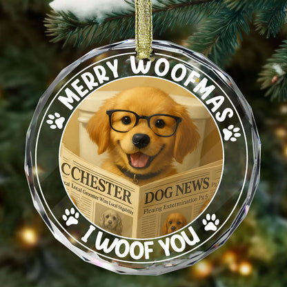 Personalized 'Merry Woofmas I Woof You' Christmas ornament featuring a custom dog photo.