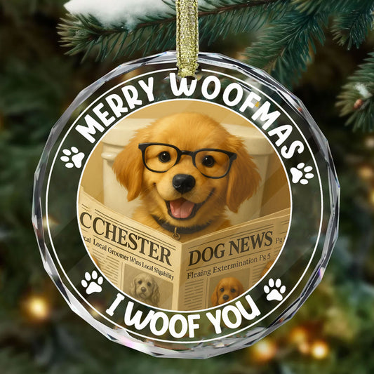 Personalized 'Merry Woofmas I Woof You' Christmas ornament featuring a custom dog photo.