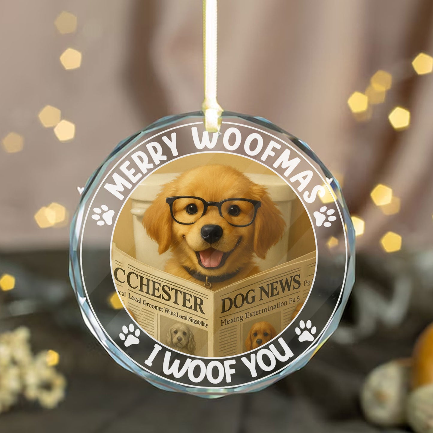 Personalized 'Merry Woofmas I Woof You' Christmas ornament featuring a custom dog photo.