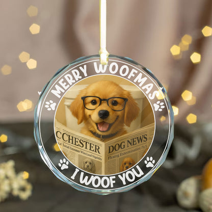 Personalized 'Merry Woofmas I Woof You' Christmas ornament featuring a custom dog photo.