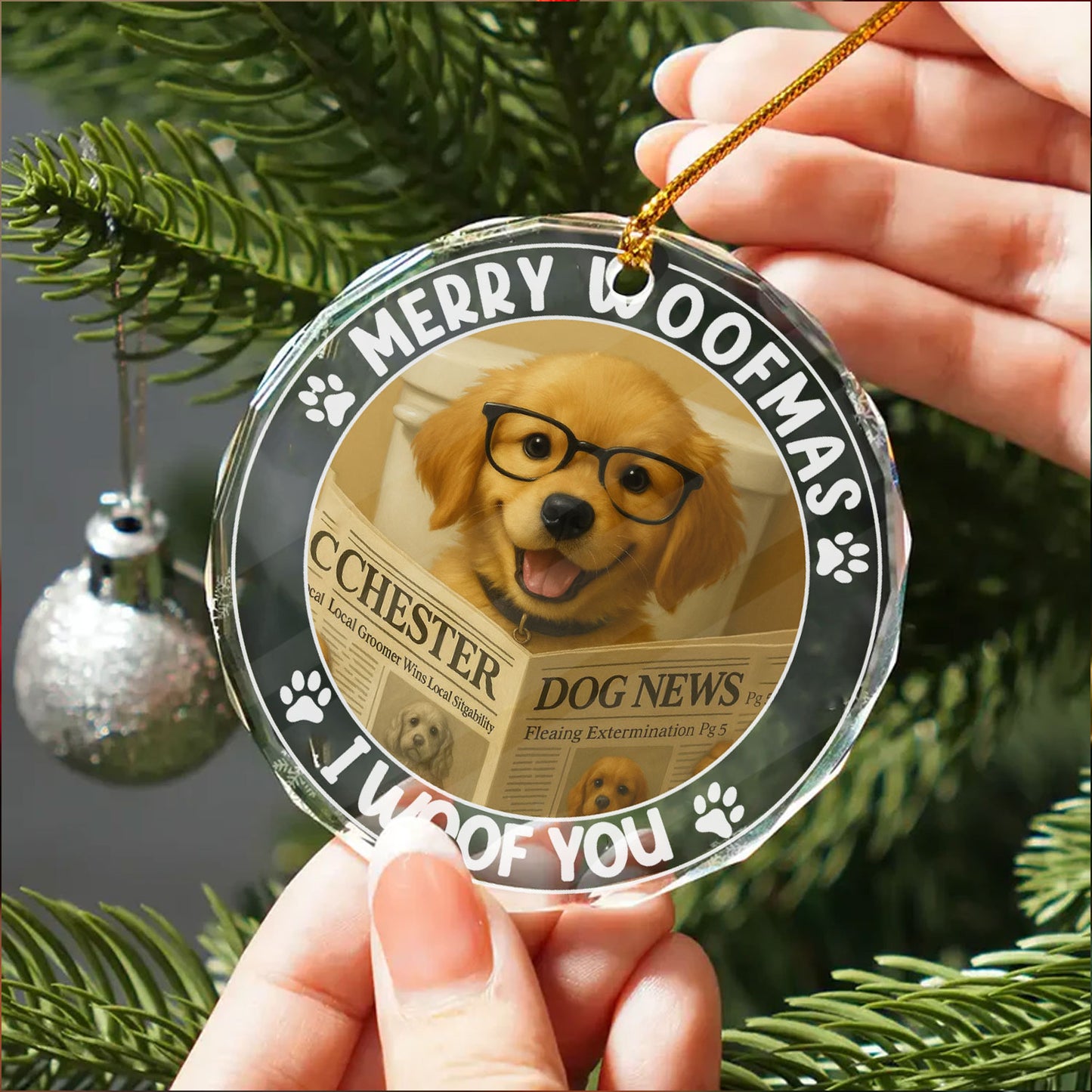 Personalized 'Merry Woofmas I Woof You' Christmas ornament featuring a custom dog photo.