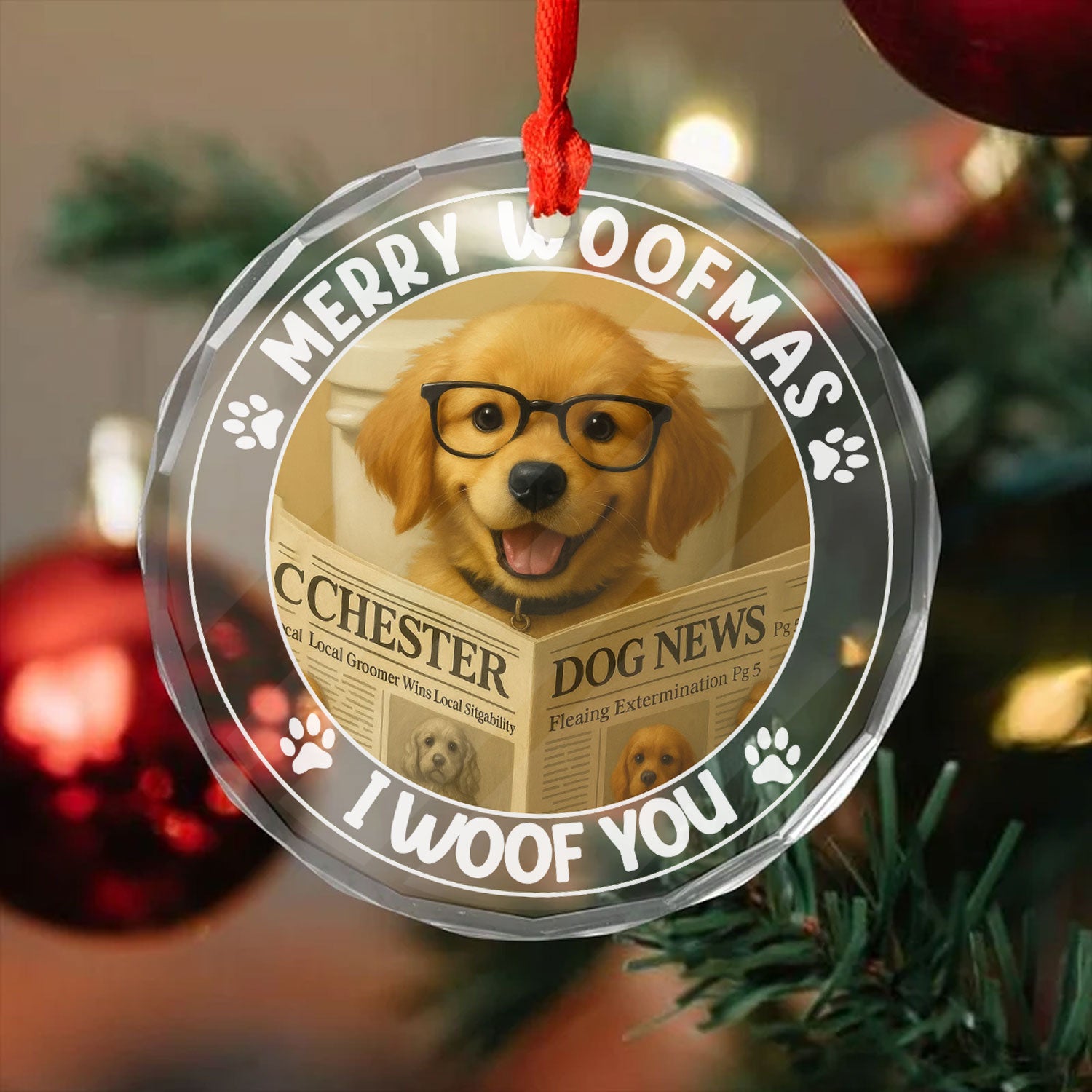 Personalized 'Merry Woofmas I Woof You' Christmas ornament featuring a custom dog photo.