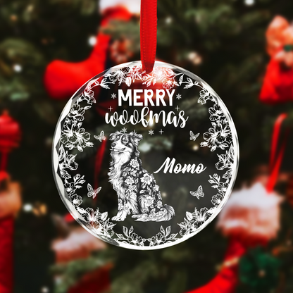 Merry Woofmas personalized dog Christmas ornament with cute paw prints.