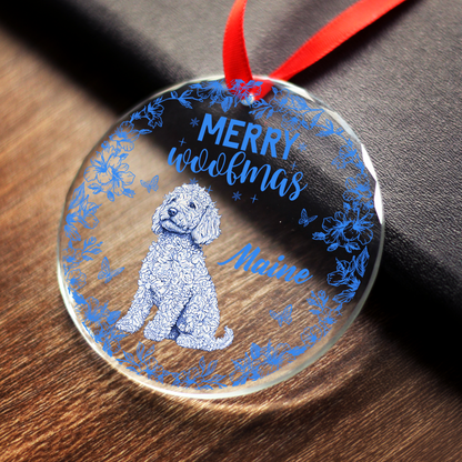 Merry Woofmas personalized dog Christmas ornament with cute paw prints.