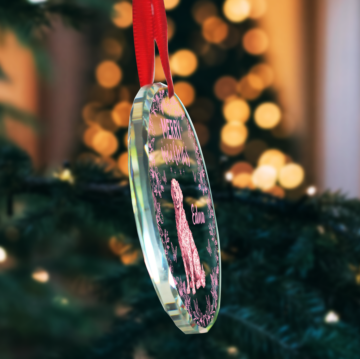Merry Woofmas personalized dog Christmas ornament with cute paw prints.