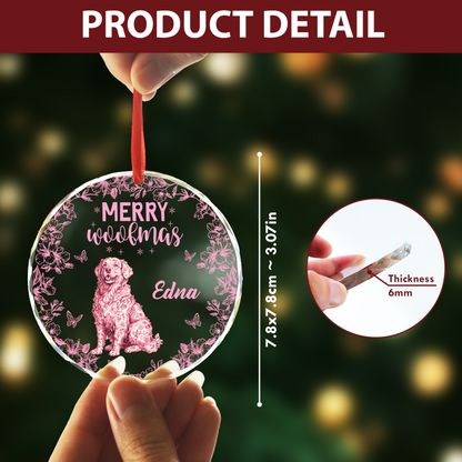 Merry Woofmas personalized dog Christmas ornament with cute paw prints.