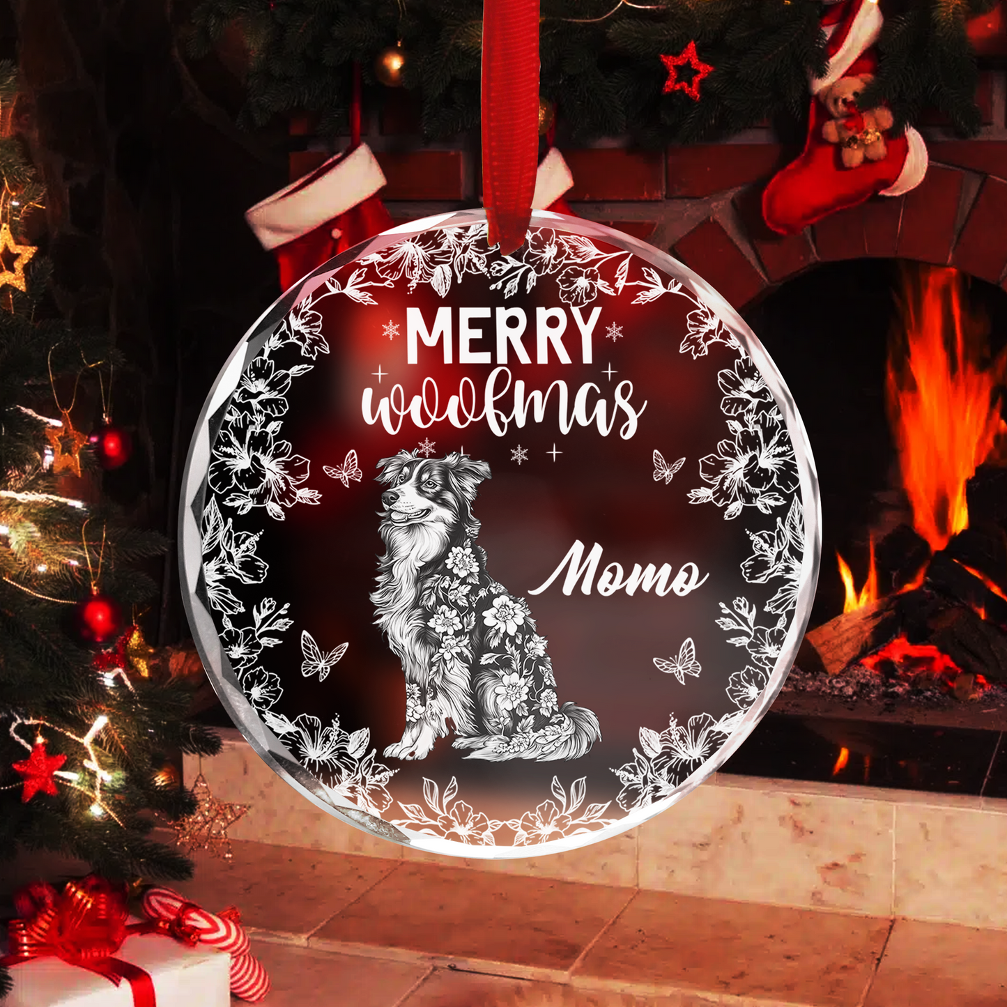Merry Woofmas personalized dog Christmas ornament with cute paw prints.