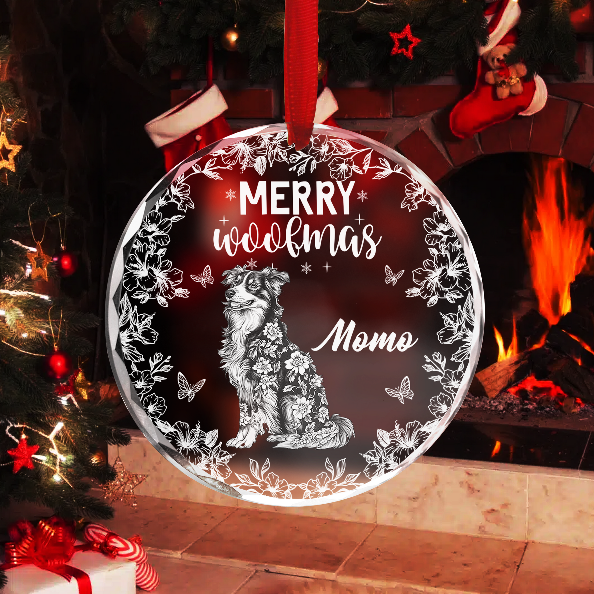 Merry Woofmas personalized dog Christmas ornament with cute paw prints.