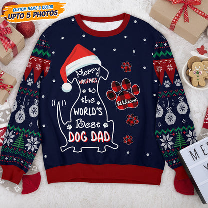 Merry Woofmas Ugly Sweatshirt: A unisex wool jumper with a cute dog and Christmas design, perfect for a fun holiday gift.