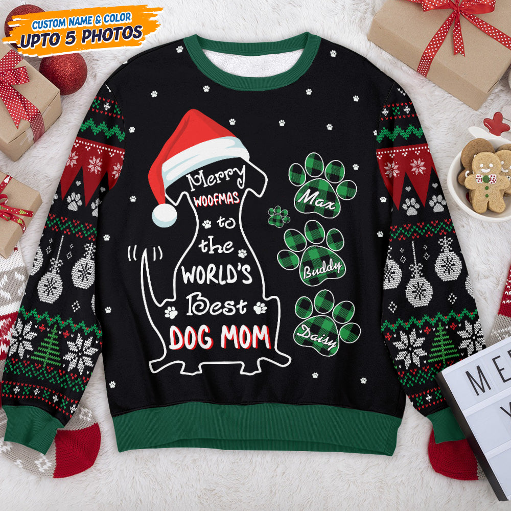 Merry Woofmas Ugly Sweatshirt: A unisex wool jumper with a cute dog and Christmas design, perfect for a fun holiday gift.
