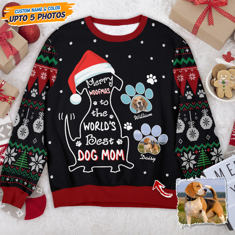 Merry Woofmas Ugly Sweatshirt: A unisex wool jumper with a cute dog and Christmas design, perfect for a fun holiday gift.
